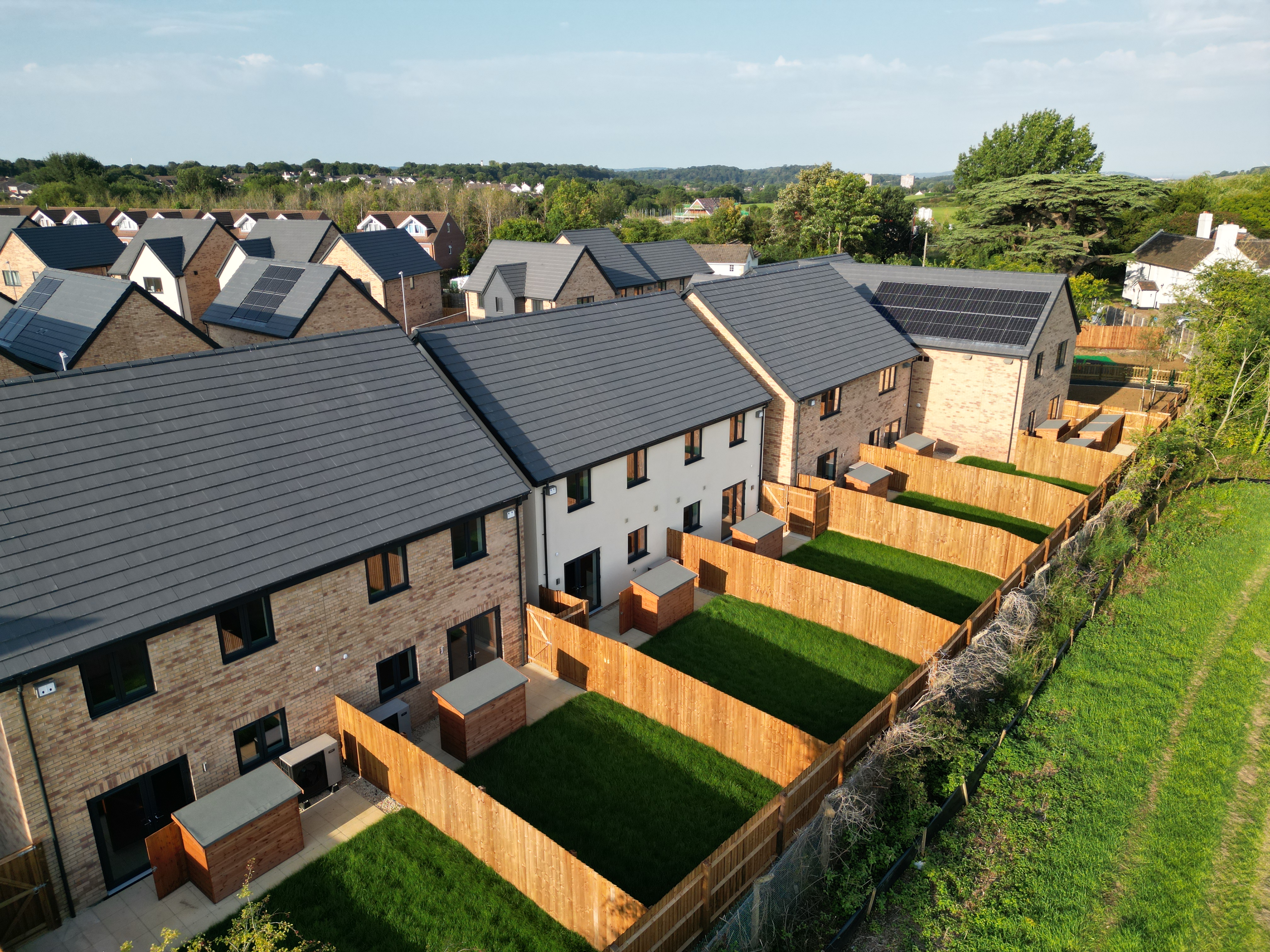 Row of houses seen from above backgardens